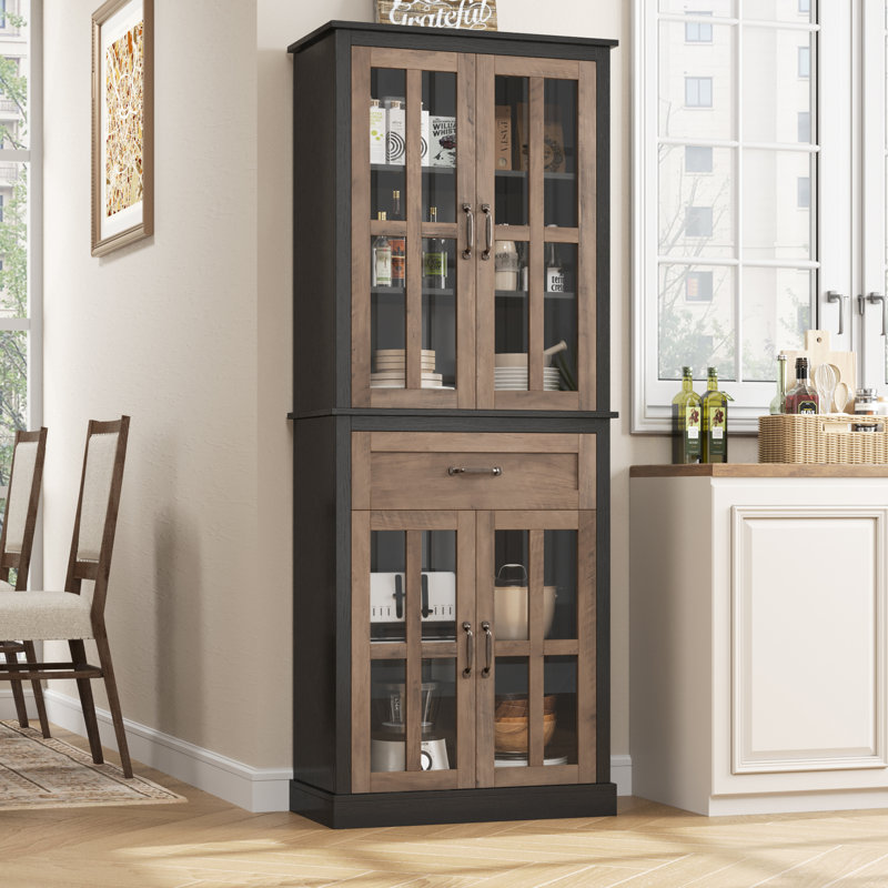 Aviva 70.9'' Kitchen Pantry with Glass Doors, Adjustable Shelf, Black/Brown