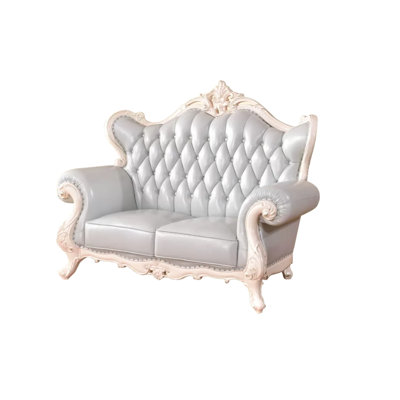 Living Room Solid Wood Carved Sofa 66.93'' Leather Loveseat