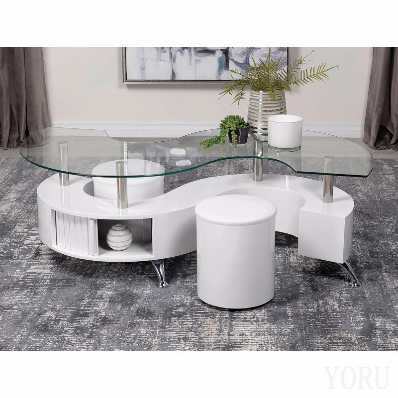 Ensemble de table basse et tabourets 3 pièces blanc ultrabrillant