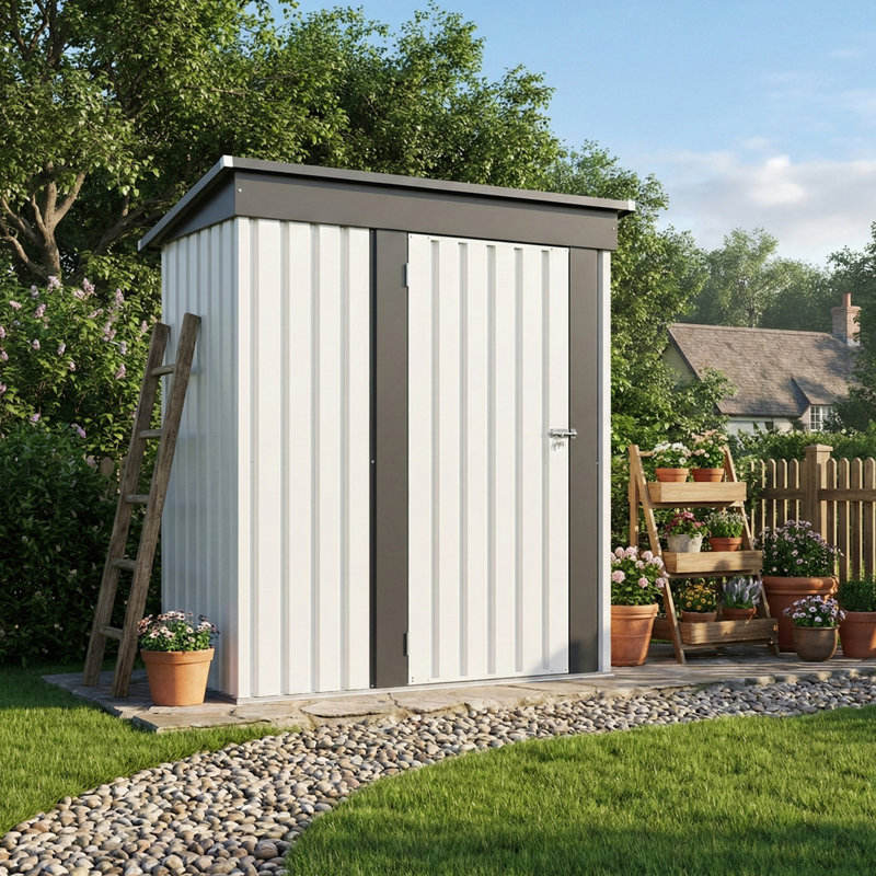 5 pi X 3 pi Remise extérieure en métal avec structure de plancher, blanc, Blanc