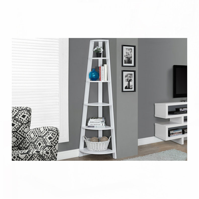 5 Tier Corner Bookshelf Bookcase, White, (5 Shelves) 71.25" H x 22.5" W x 15.5" D