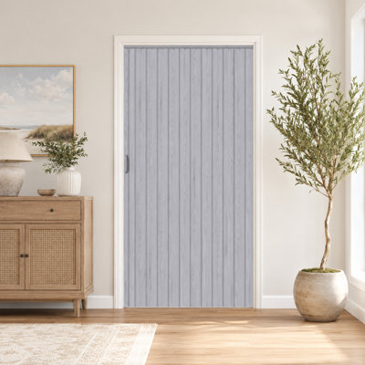 48" x 80" Gray Woodgrain Single-Layer PVC Interior Accordion Folding Door with Upgraded Rollers, Complete Hardware and Handles, Ideal for Closet and Bathroom Doorways