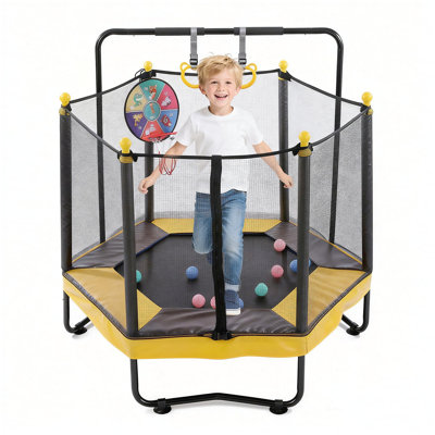 54 Inch Trampoline for Kids with Enclosure, Indoor & Outdoor Toddler Trampoline With Adjustable Gymnastics Bar , Ring ,Basketball Hoop , Boxing Bag an
