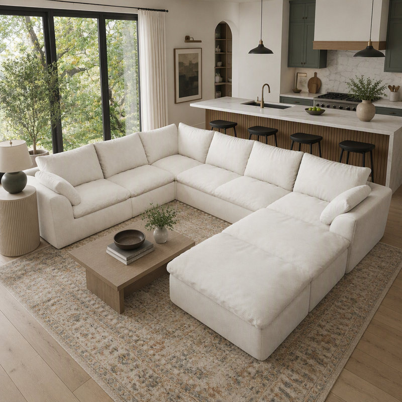 Canapé d'angle modulaire en forme de U de 108,3 pouces, 8 places, avec pouf et tissu tissé