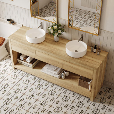 Meuble-lavabo double 60 po avec comptoir en bois naturel, tiroirs de rangement et tablette ouverte 60 po
