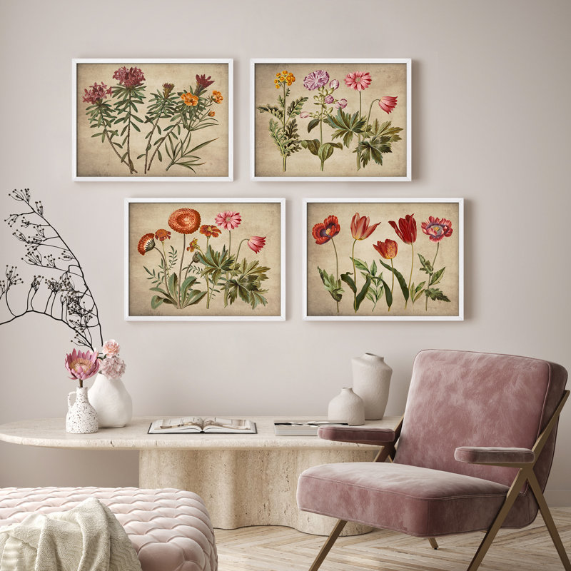 «Red Wildflowers Collages», œuvre d'art moderne, impression encadrée, affiche, salle de bain, Blanc, H 12 po x l 16 po
