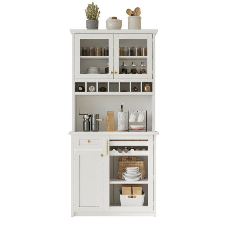 Armoire de cuisine 74,8 po avec support à vin et tablettes réglables blanc Farmhouse, Blanc
