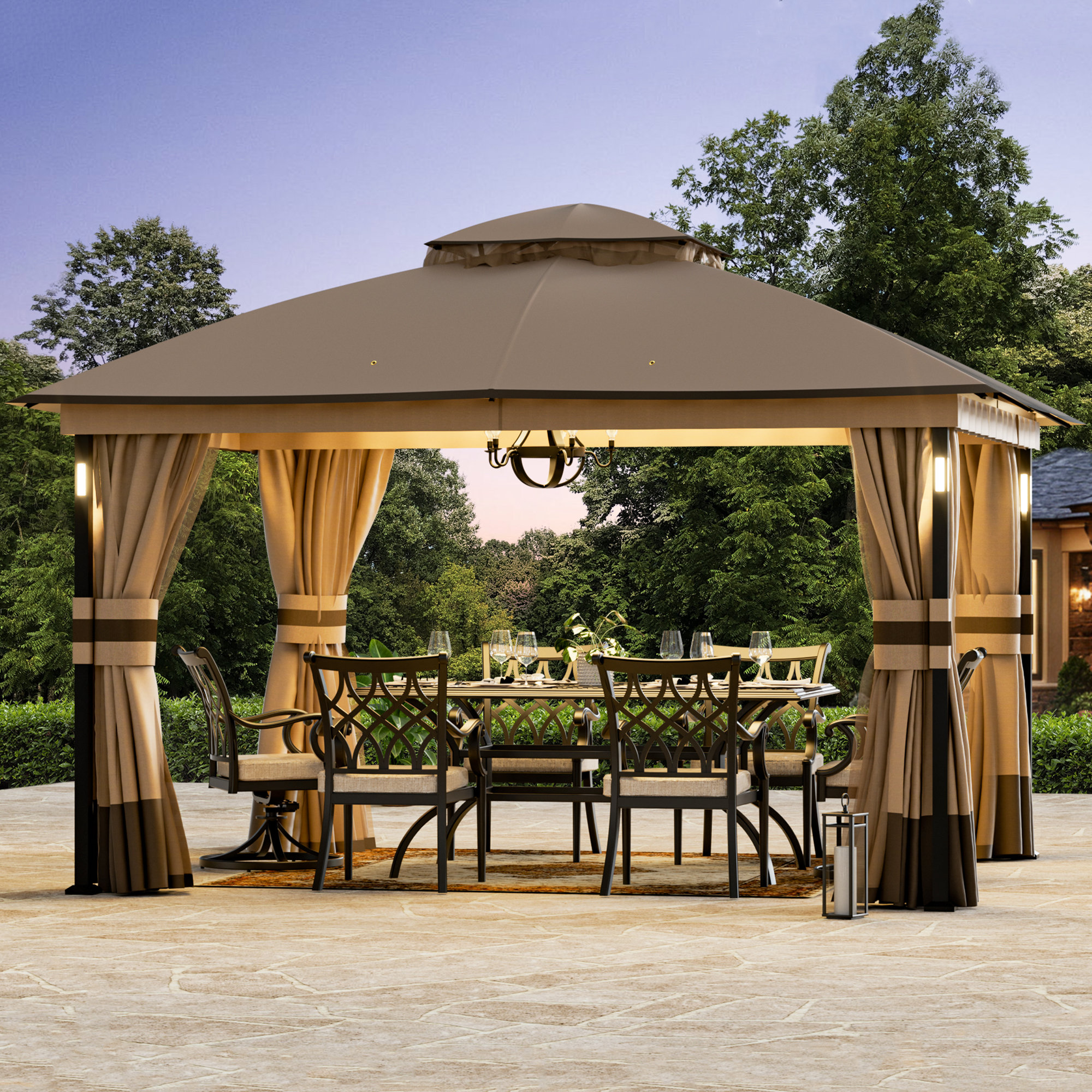 COVERED OUTDOOR OUTDOOR LIVING SPACES Louvre 13' x 11' LED Self-Power Lights Steel Double Roof Soft Top Gazebo with Waterproof Canopy and Curtain & Reviews | Wayfair