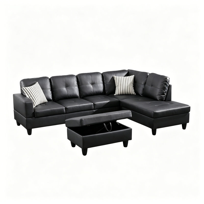 Ensemble de canapé modulaire en L en similicuir respirant noir 3 pièces, canapé de salon avec repose-pieds, Orienté à droite
