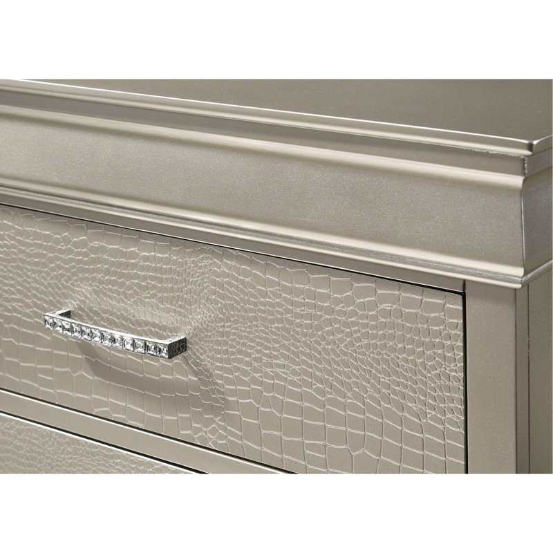Table de chevet en bois massif au fini chic moderne, finition champagne, 2 tiroirs, avec table de chevet à détails de texture de diamant et de crocodile, en bois, avec surface texturée