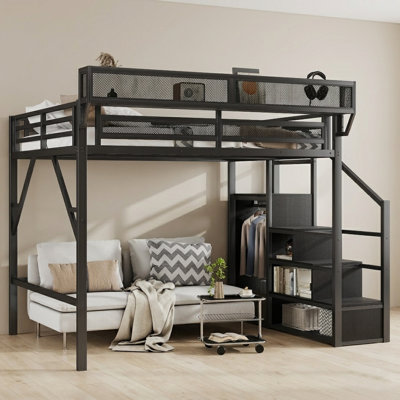 Queen Size Metal Loft Bed with Built-in Wardrobe, Storage Staircase, and Upper Bed Shelf Wardrobe Function