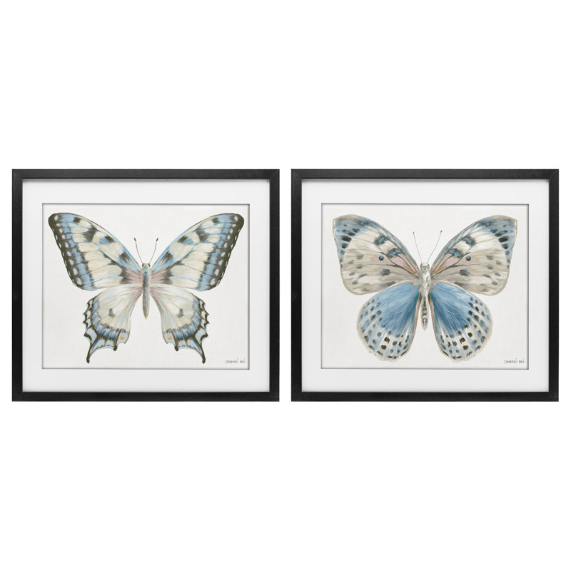 Ensemble de 2 reproductions encadrées sous verre bleu encadré de papillons, par Danhui Nai, H 13 po x l 16 po