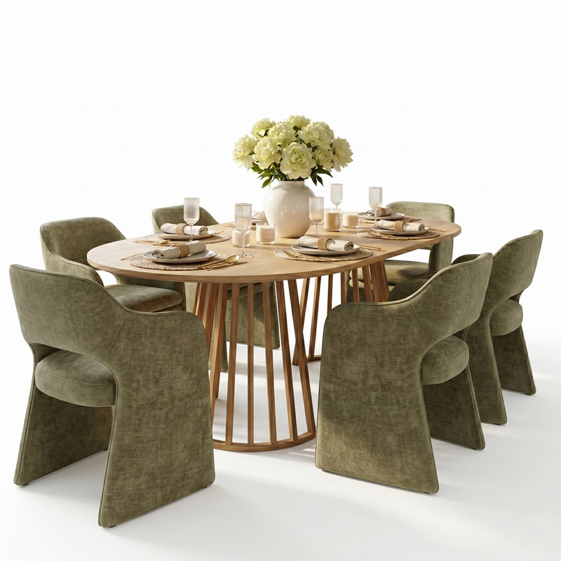 6- Person Dining Table Sets With Extendabe Oval Table & 6 Upholstered Fabric Dining Chairs, Sage Green