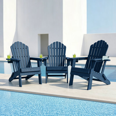 3-Piece Folding Adirondack Chair Set in HDPE with Built-In Cup Holders for Outdoor Use
