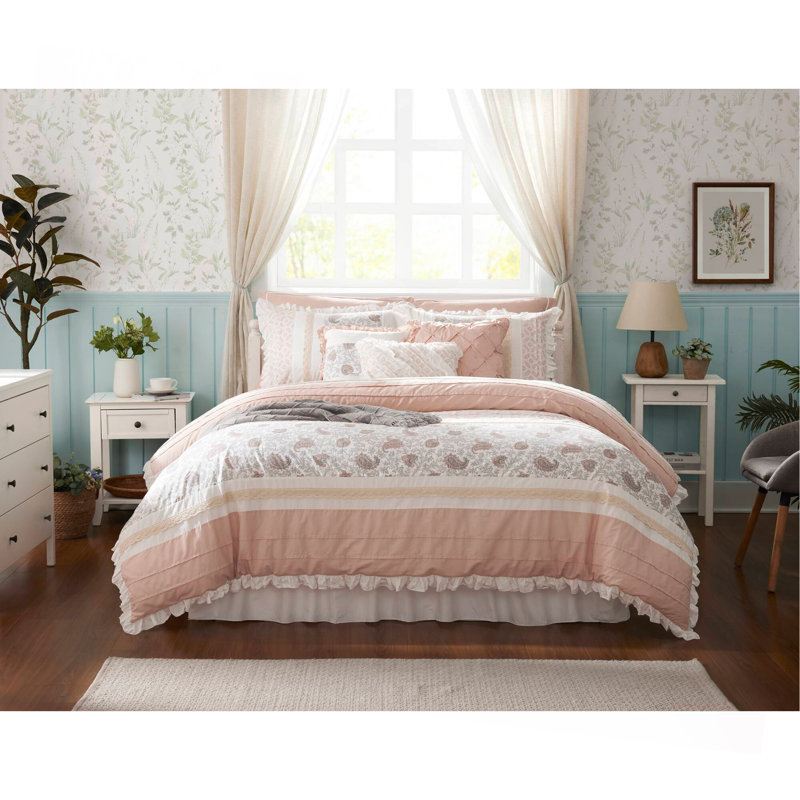 Ensemble d'édredon 9 pièces en percale de coton rosé, Édredon très grand californien + 8 pièces suppl