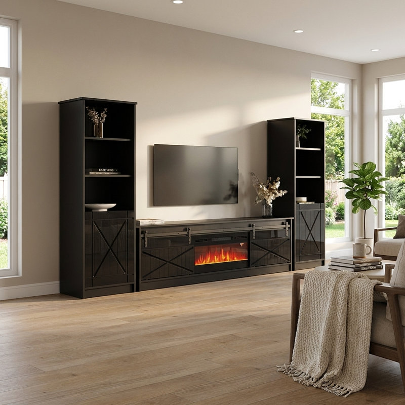 Fiorenze 120.5" Modern Entertainment Center with Electric Fireplace, High Gloss Finish, Media Storage, Black/Black