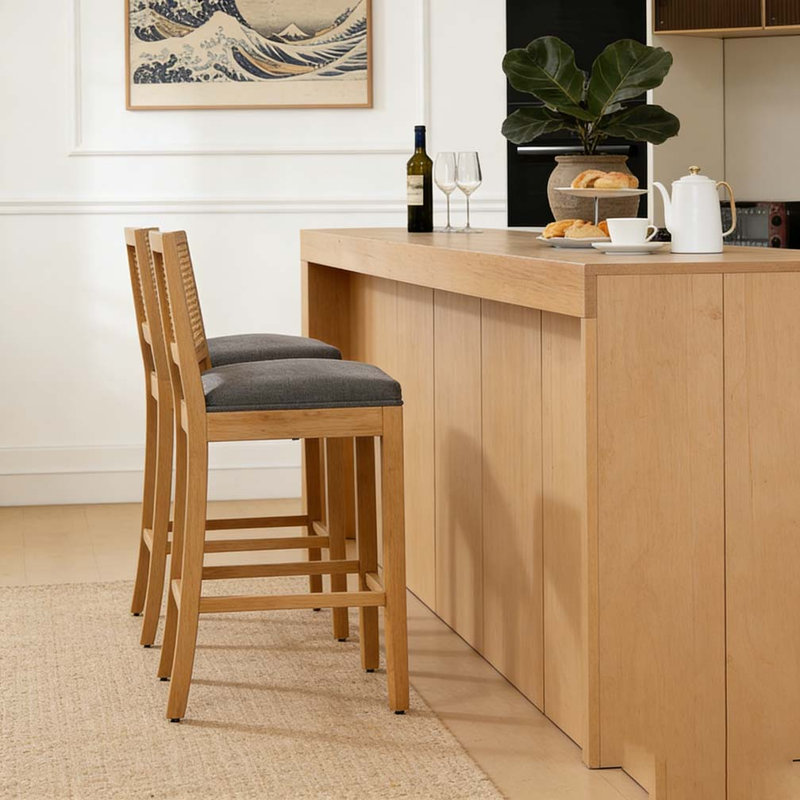Bar complet en bois massif avec dossier en rotin, Gris
