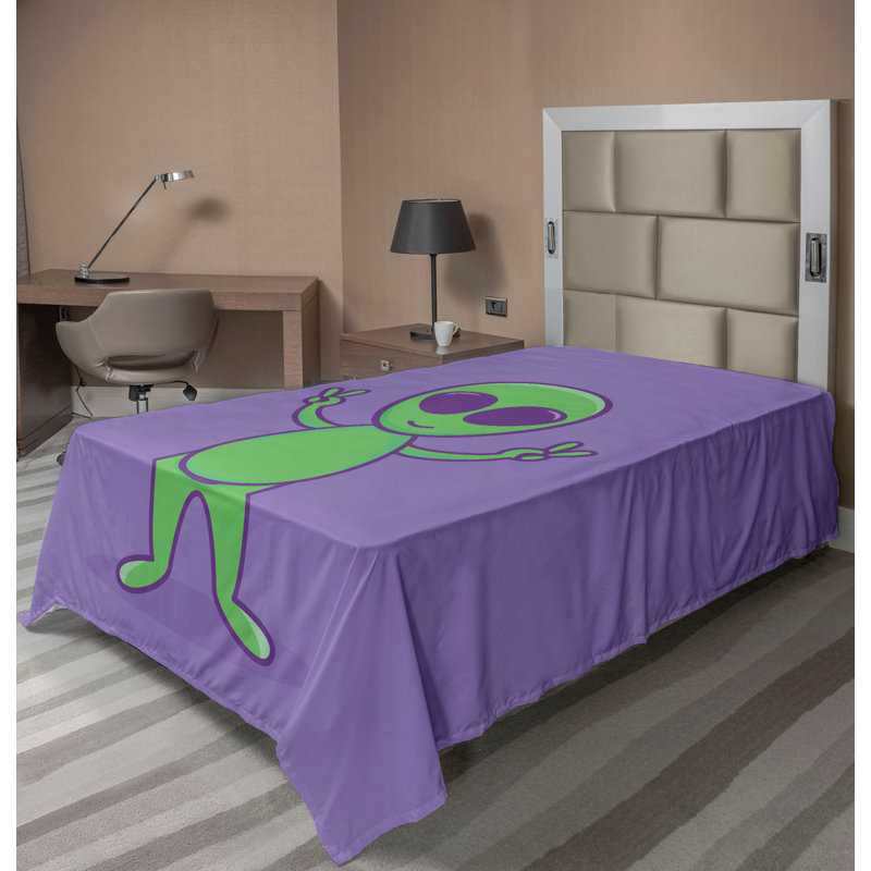«Ambesonne Alien Top», drap plat amusant, personnage de paix, violet et vert mer, Drap plat pour lit simple