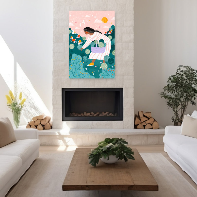 Art contemporain, paysage abstrait coloré, fantaisiste, oiseau, paysage, H 48 po x l 32 po