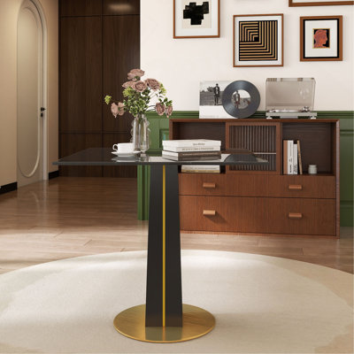 Table de ronde ronde moderne - plateau en verre trempé de 85 cm, pieds en bois noir avec base en métal doré (seulement la table de ronde)