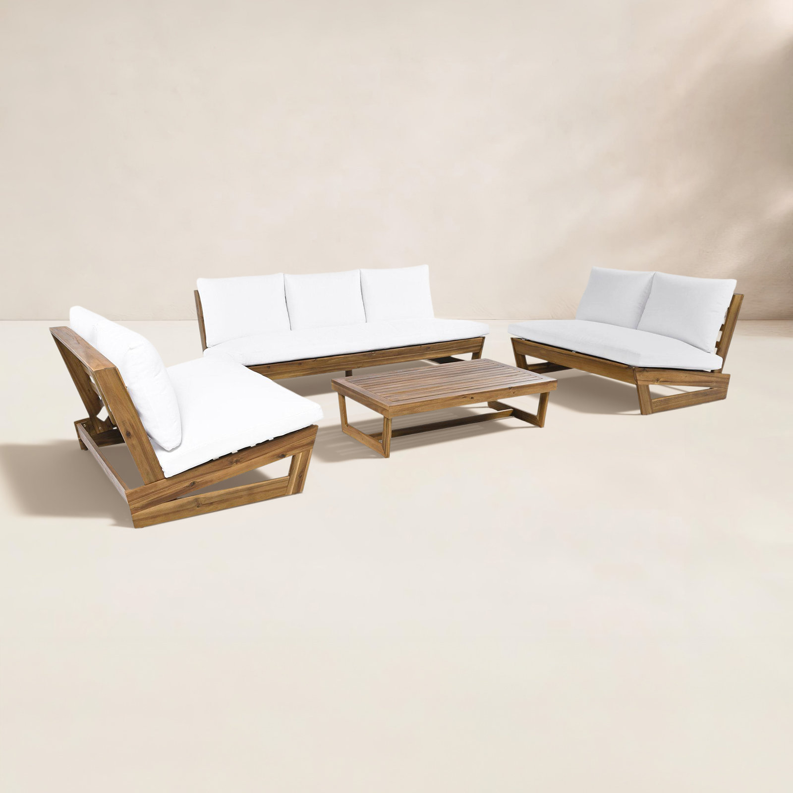 Louise Acacia 4 - Person Patio Conversation Set with Cushions, White, Brown
