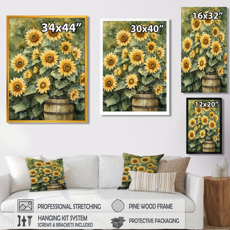 Dorison Sunflowers In The Orchard Garden I - Art mural tournesols, H 60 po x l 28 po, Noir, Reproduction avec cadre flottant