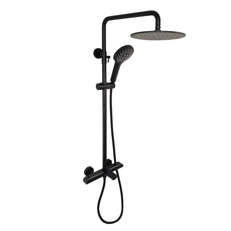Système de tuyau de douche thermostatique exposé à trois fonctions Zen avec pomme de douche à pluie ronde de 10 pouces et douchette à main et bec de baignoire à 3 fonctions.