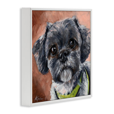 Portrait de chien noir Shih Tzu encadré sur bois par Lindsay Kivi, peinture d'art