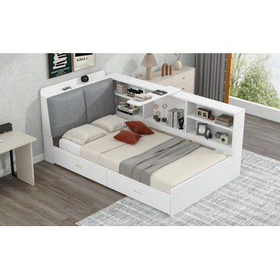Lit plateforme en bois avec tête de lit avec rangement, tablettes et 2 tiroirs