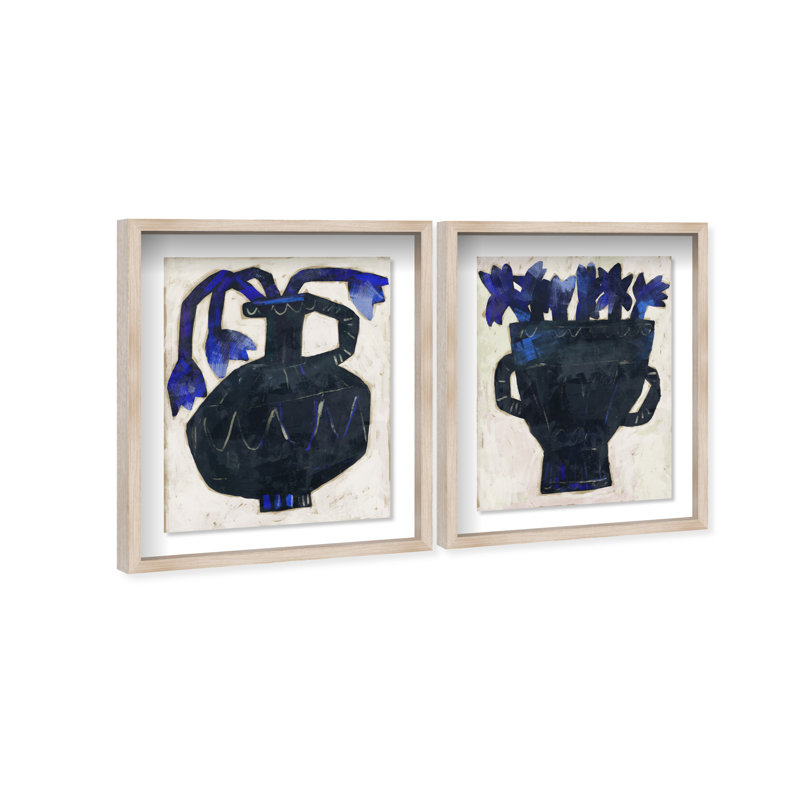 Indigo Vases Set Shadowbox Floral & Botanical Print by Oliver Gal, Black Frame, 16 x 20, 92"H x 74"W, Natural Oak Shadowbox