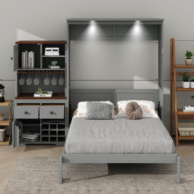 Grand lit escamotable encastré au mur avec armoire de rangement, support à vin, support en verre, tiroirs et bande DEL