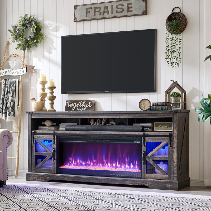 Taye 2-Cabinet TV Stand Fireplace, Dark Rustic Oak