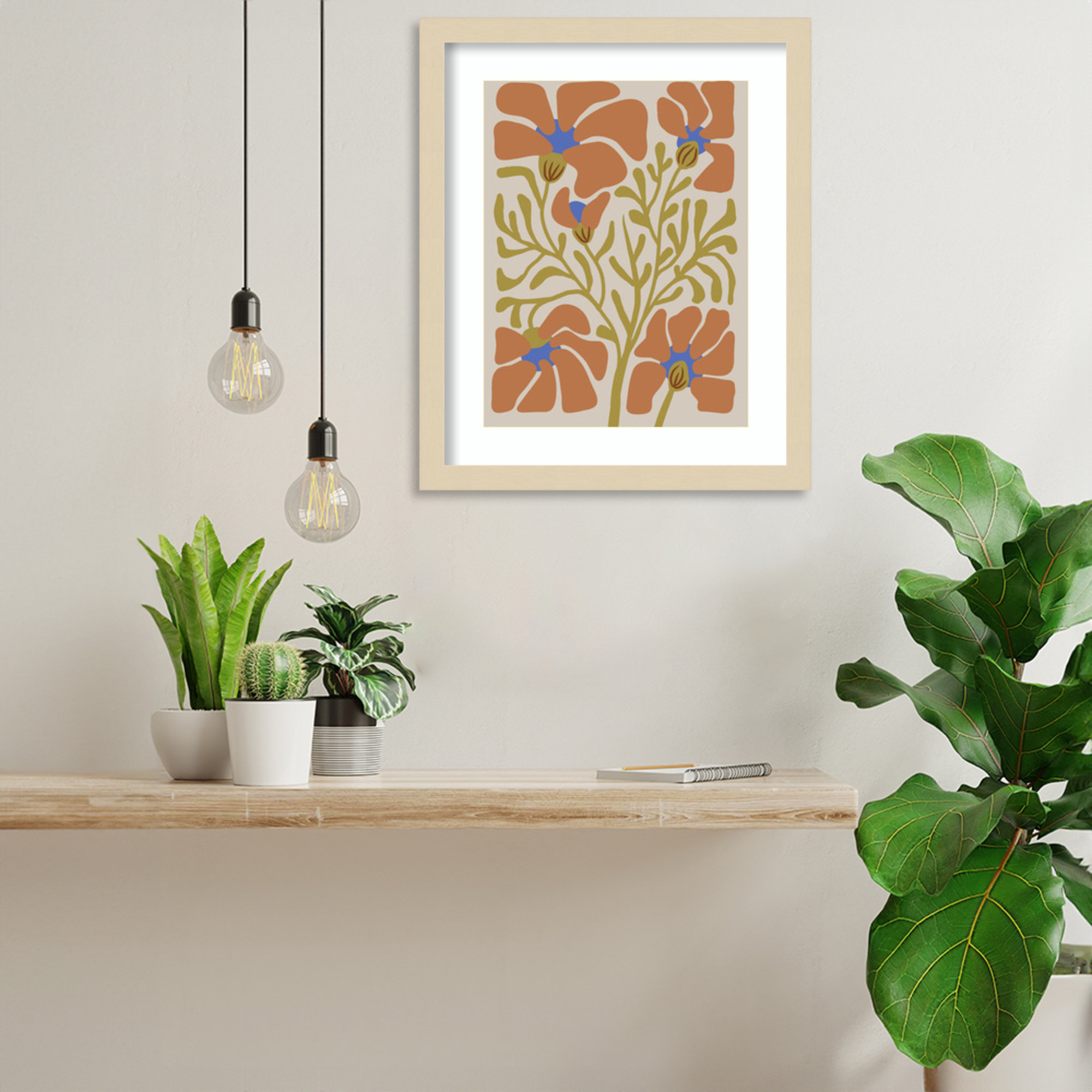 Expressive Abstract House Plant Orange On Tan Framed On Paper by The Creative Bunch Studio Print, Brown, 17" H x 14" W x 1" D