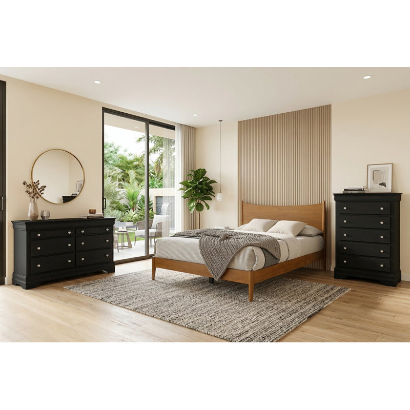 Barvelle Solid Wood 3 Pieces Bedroom Set, Black/Amber Walnut, 3 Pcs: Bed, Dresser, Chest