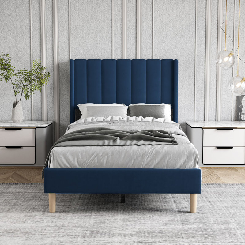 Lit plateforme tapissier, Simple, Bleu