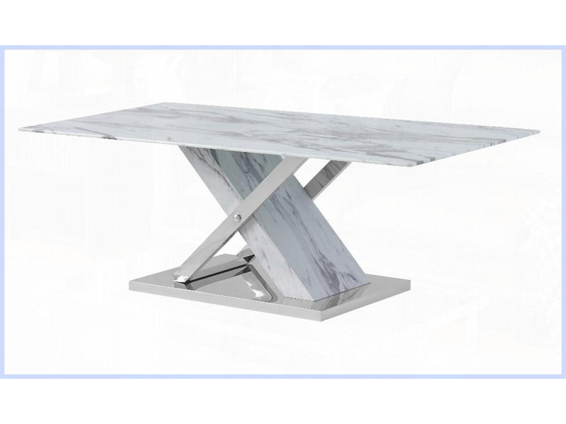 Table basse contemporaine en faux marbre avec détails en acier inoxydable, plateau en verre trempé et amp; Surface facile à nettoyer