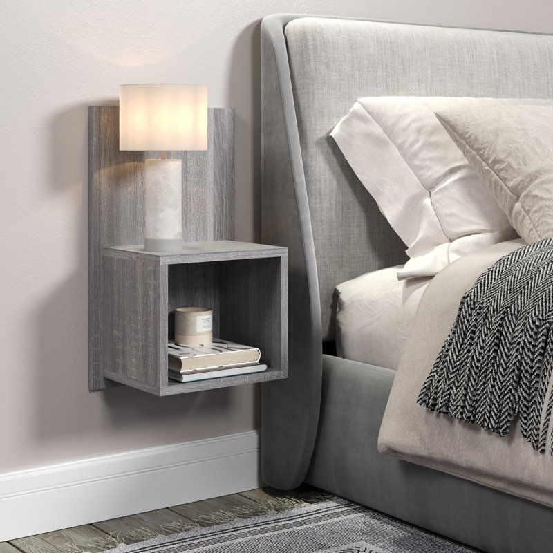 Set of 2 Floating Wall-Mounted Open Bedside Tables, Compact, Grey