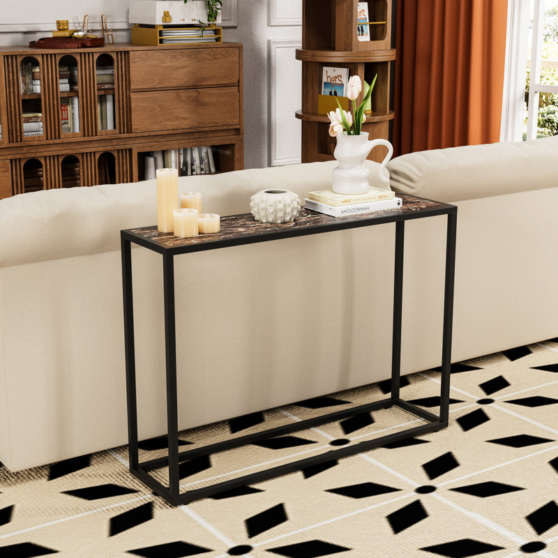 Table d'entrée haut de gamme avec bords arrondis, coloris brun et noir rustique, gain de place pour les petits espaces, structure en métal, bureau d'entrée étroit et multifonctionnel de style industriel, quatre pieds réglables