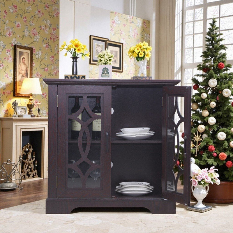 34.4" Wide Sideboard Buffet Cabinet With 2 Tempered Glass Doors & Adjustable Shelf, Engineered Wood Storage, Ox Blood Red