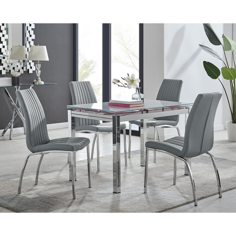 Tierra Modern Glass & Metal Extendable Dining Table Set & 4 Luxury Faux Leather Dining Chairs