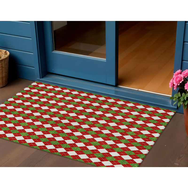 Tapis lavable en losanges rouges, blancs et verts 90 x 150 cm (3 x 5 pi) pour intérieur/extérieur