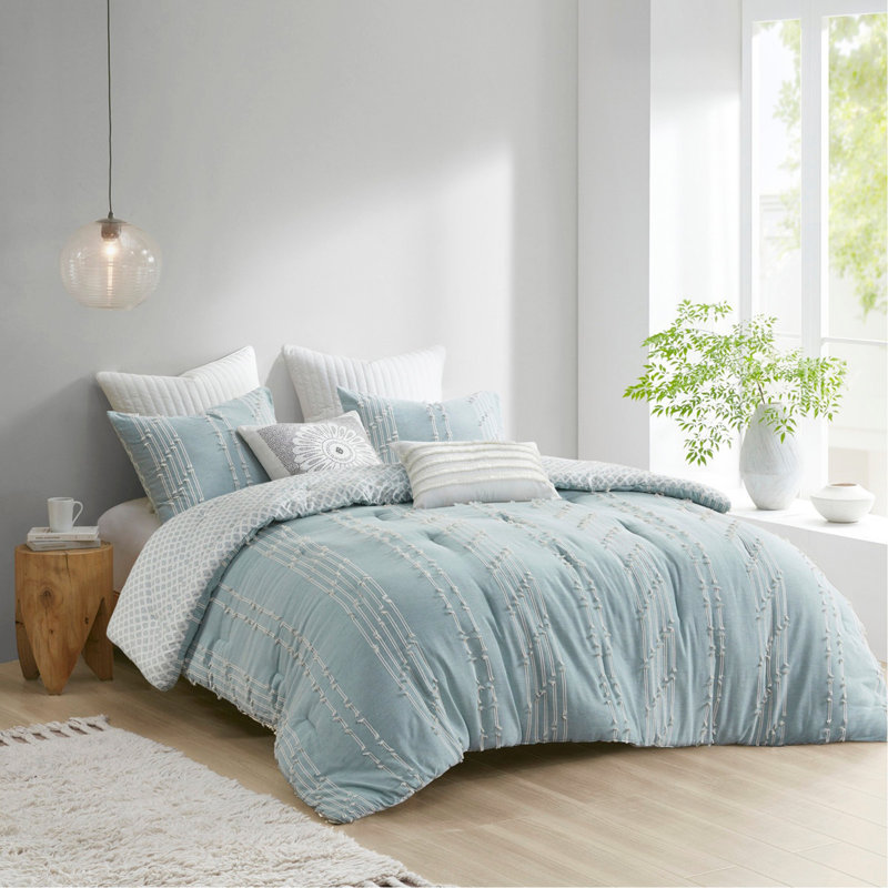 Ensemble d'édredon 3 pièces en jacquard de coton turquoise double / grand, Aqua Striped