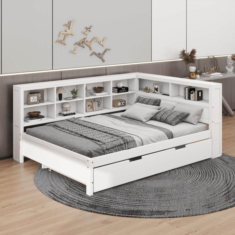 Lit de jour en bois avec lit gigogne et tablette de rangement, Complet/Double, Blanc