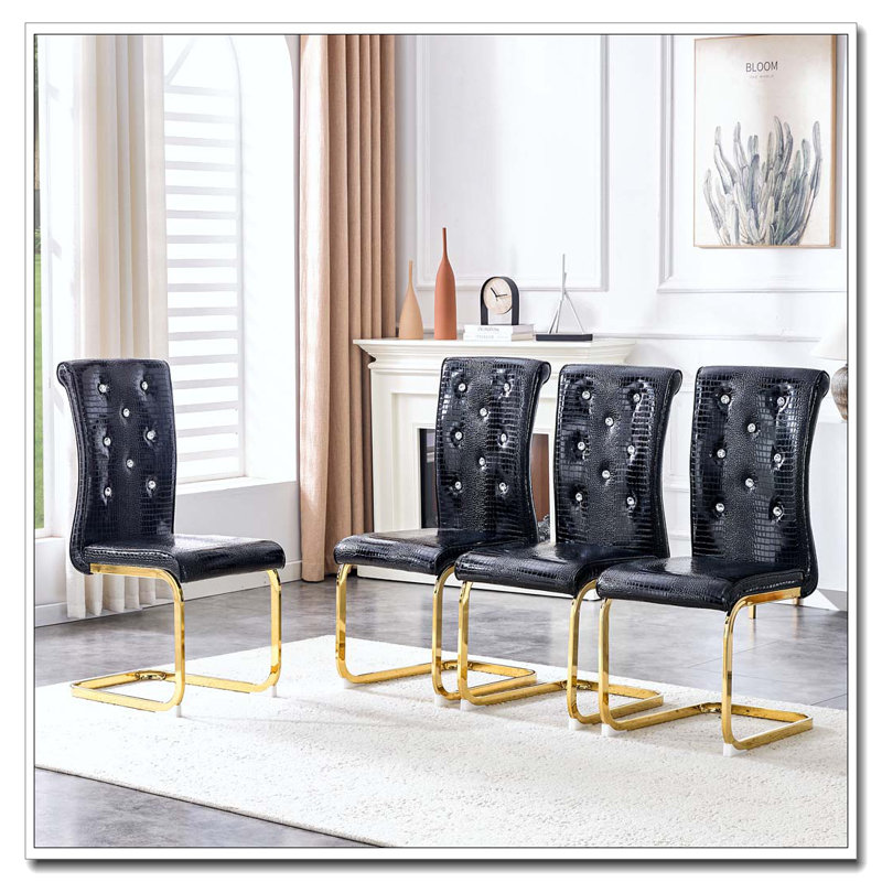 Chaises de salle à manger rembourrées en similicuir, Noir, Doré