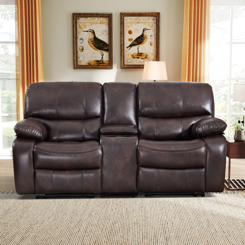 Causeuse inclinable manuelle en similicuir de 77 po de large avec console centrale et porte-gobelets Chelliah, Brun