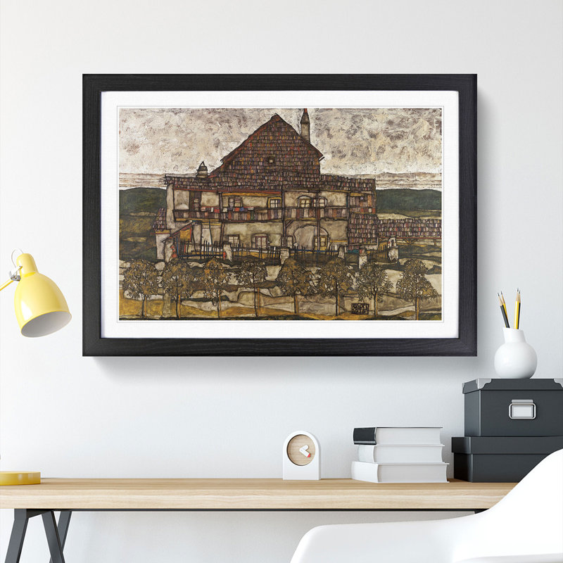 House with Shingle Roof by Egon Schiele - Picture Frame Painting, 48cm H x 65cm W x 2cm D, Black Framed