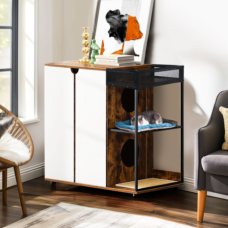 Enceinte de litière pour chat de style rustique brun avec ventilation et grande capacité pour 2 chats, clôture clôturée, amis félins, structure à ouverture latérale