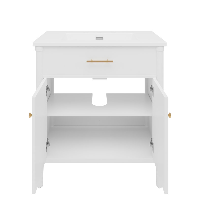 Meuble-lavabo de 31 po de couleur blanche avec lavabo, charnières à fermeture en douceur, profil incurvé, structure en bois d'hévéa, quincaillerie or mat, convient à toutes les tablettes intérieures réglables, forme, support, poignées,