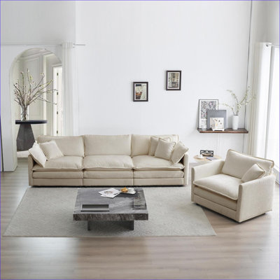 Canapé modulaire, ensemble de canapé moderne 2 pièces à sièges profonds 1 + 3 pour salon | Beige | Chenille