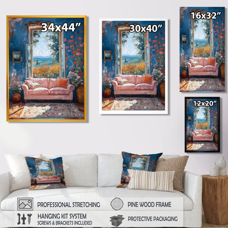 «Blue Pink Chateau Chic Window Blooms - Chateaus», reproduction d'art murale, Toile tendue, H 40 po x l 30 po x P 1,5 po